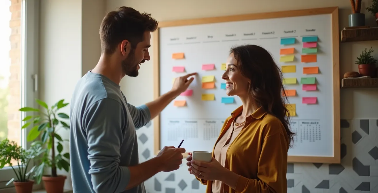 Couple consultant ensemble un planning mural coloré dans leur cuisine