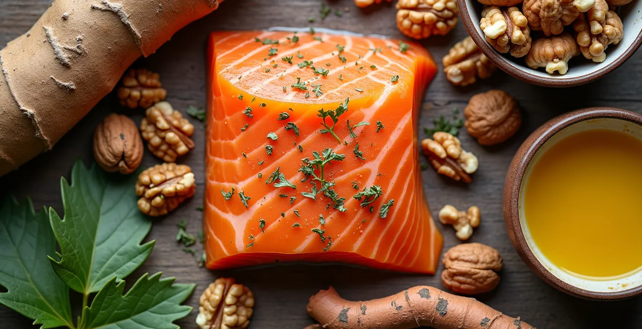 Composition artistique d'aliments anti-inflammatoires riches en oméga-3 sur une table en bois naturel