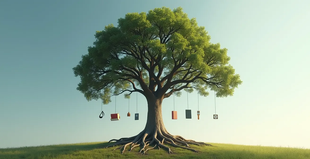 Arbre généalogique moderne avec symboles familiaux et blason contemporain