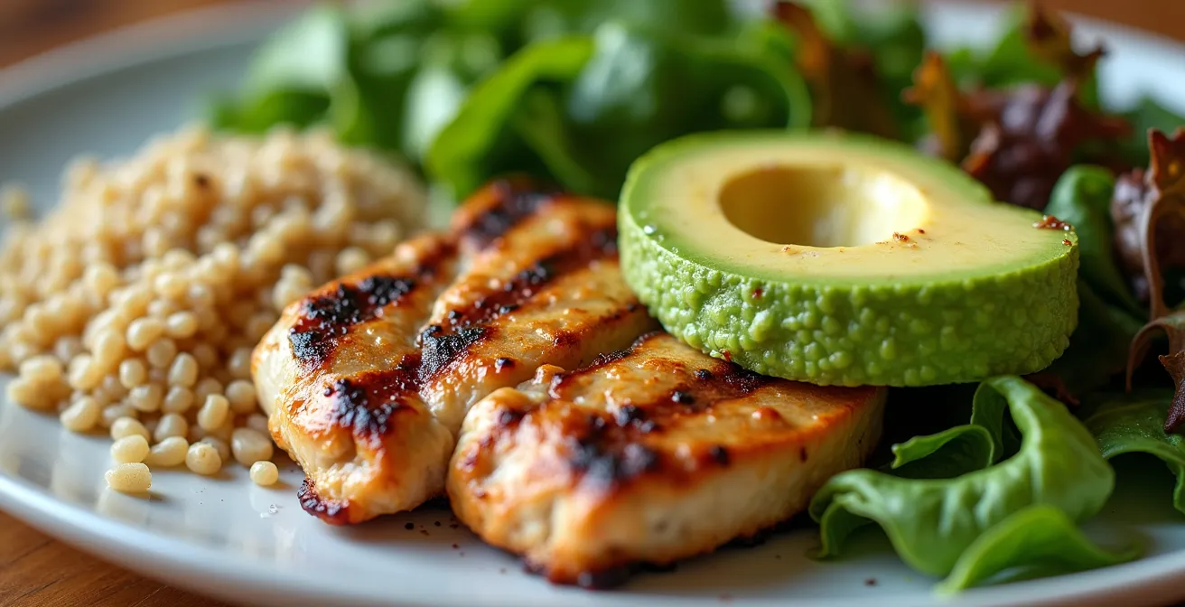 Vue macro d'une assiette montrant la répartition visuelle des macronutriments