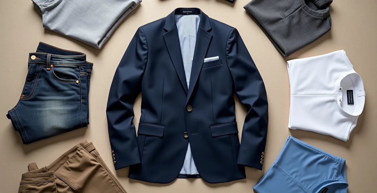 Blazer bleu marine photographié avec différentes combinaisons de tenues disposées autour