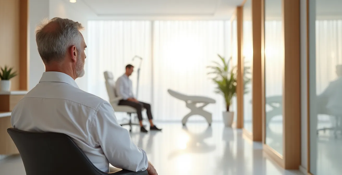 Homme dans un cabinet de médecine esthétique moderne, ambiance professionnelle et apaisante
