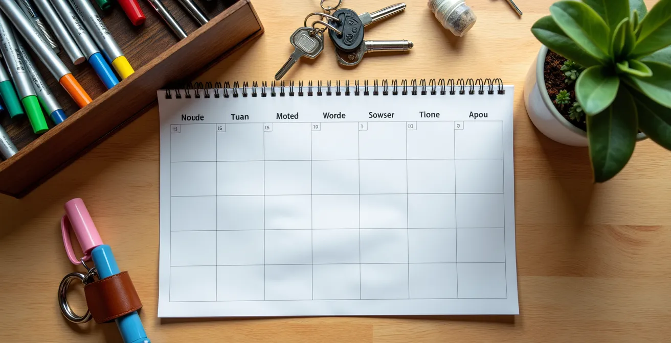 Vue aérienne d'un bureau avec calendrier papier, outils d'entretien bien rangés et plante d'intérieur