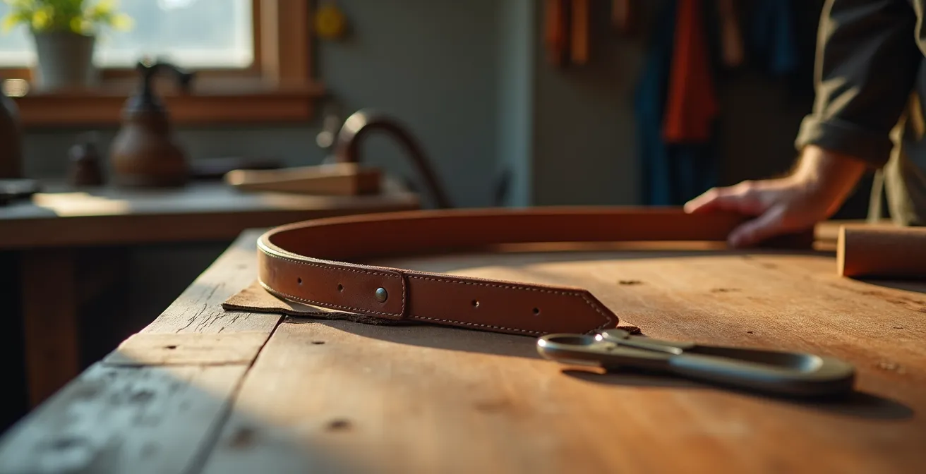 Gros plan sur la tranche d'une ceinture en cuir montrant les coutures artisanales