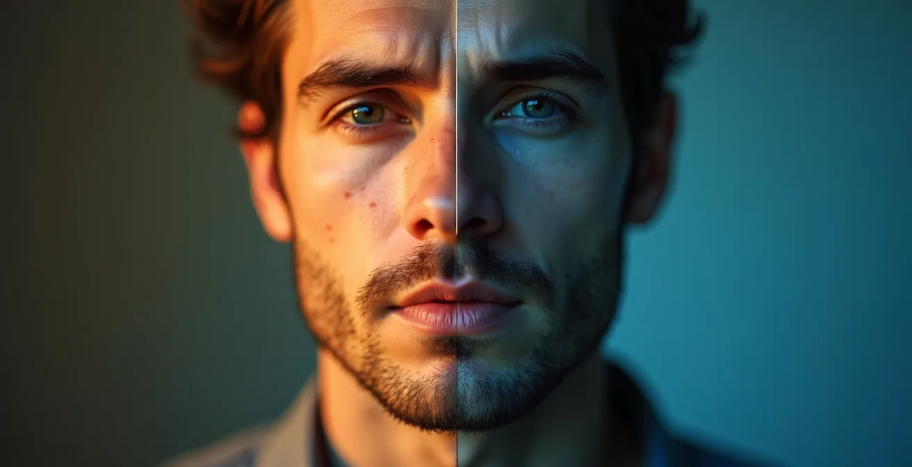 Comparaison visuelle de l'état de la peau masculine matin versus soir