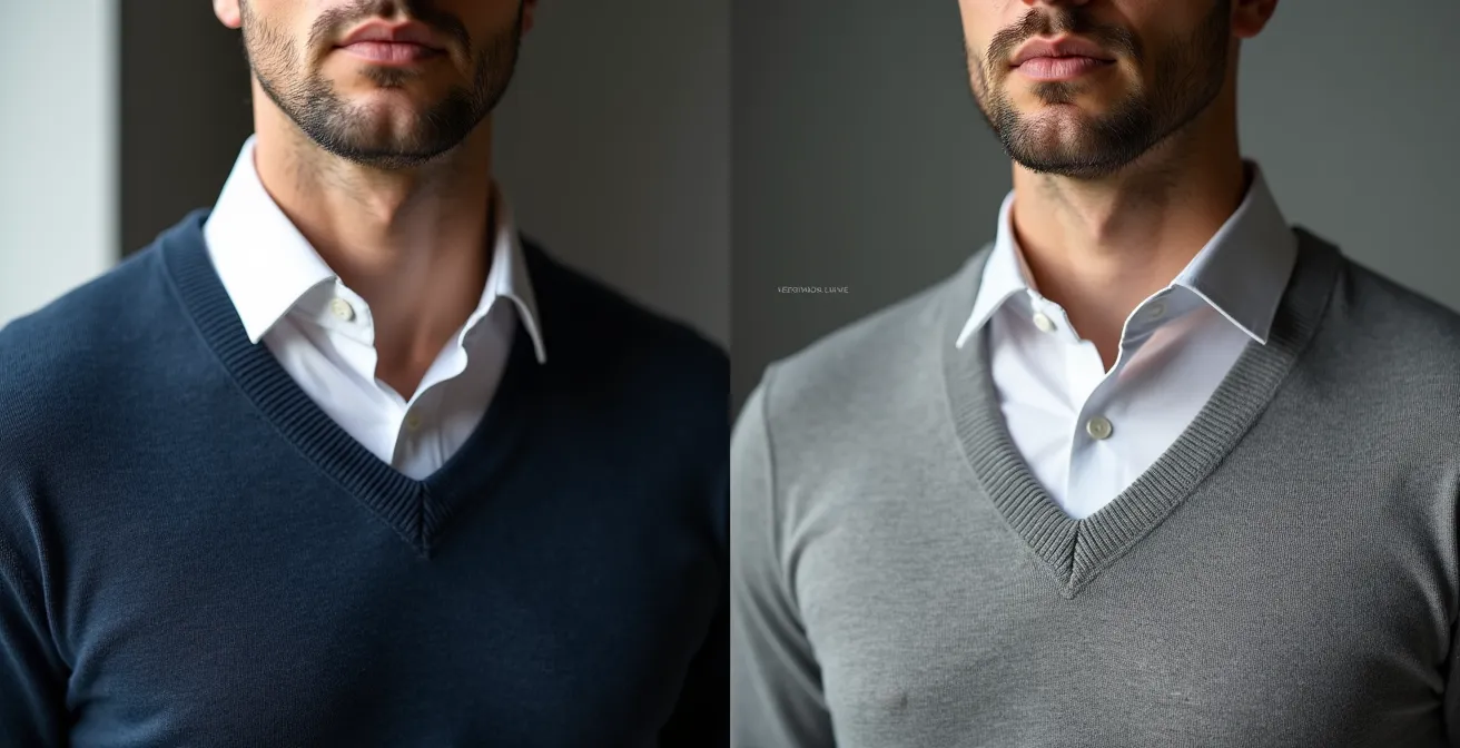 Comparaison visuelle entre un col rond et un col V portés avec chemise, vue de face rapprochée