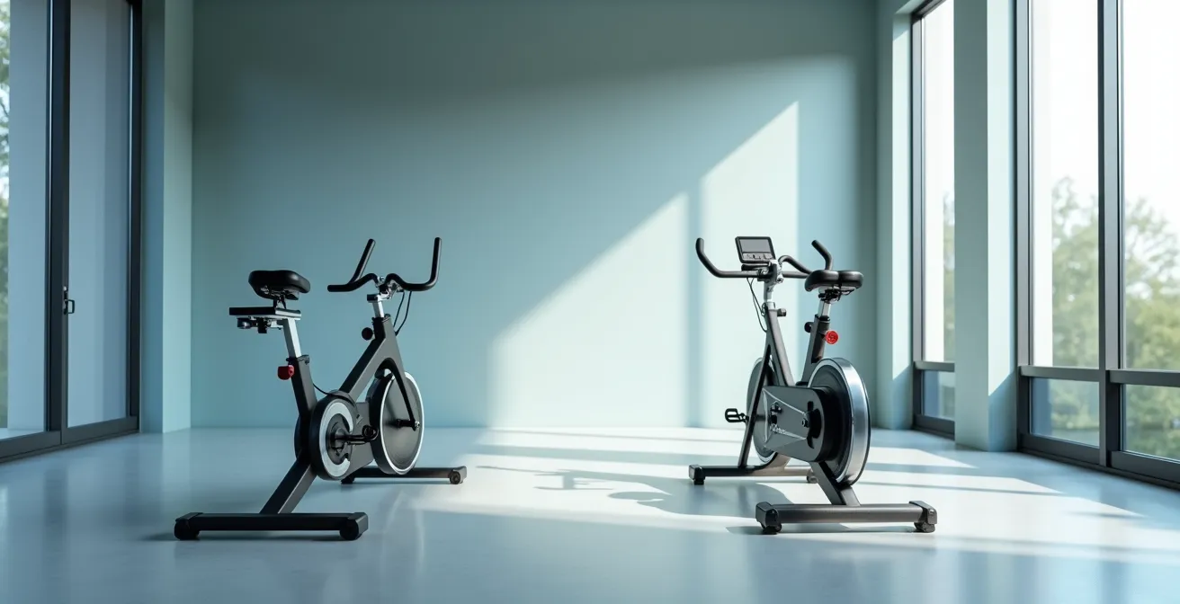 Comparaison visuelle entre rameur et vélo d'appartement dans un environnement d'entraînement