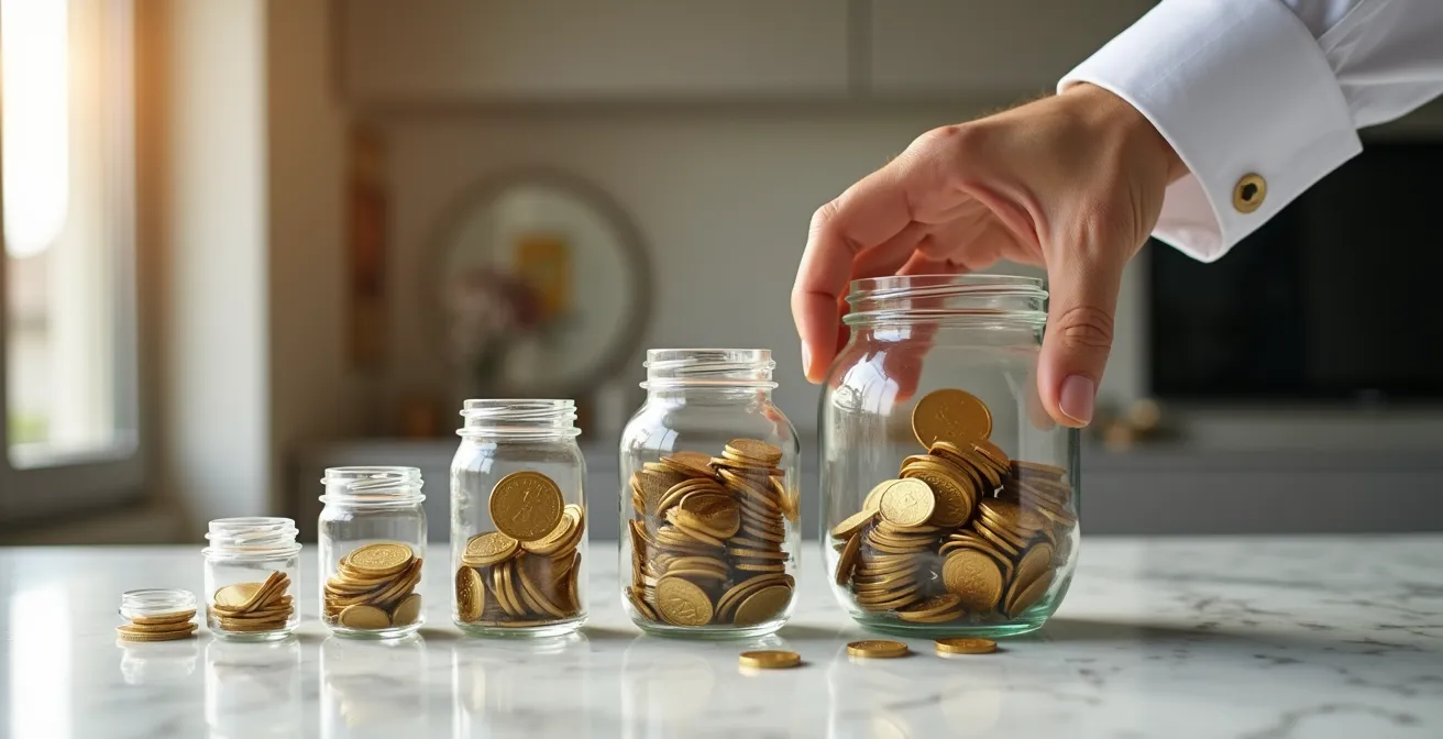Homme en costume déposant régulièrement des pièces dorées dans une série de bocaux transparents alignés