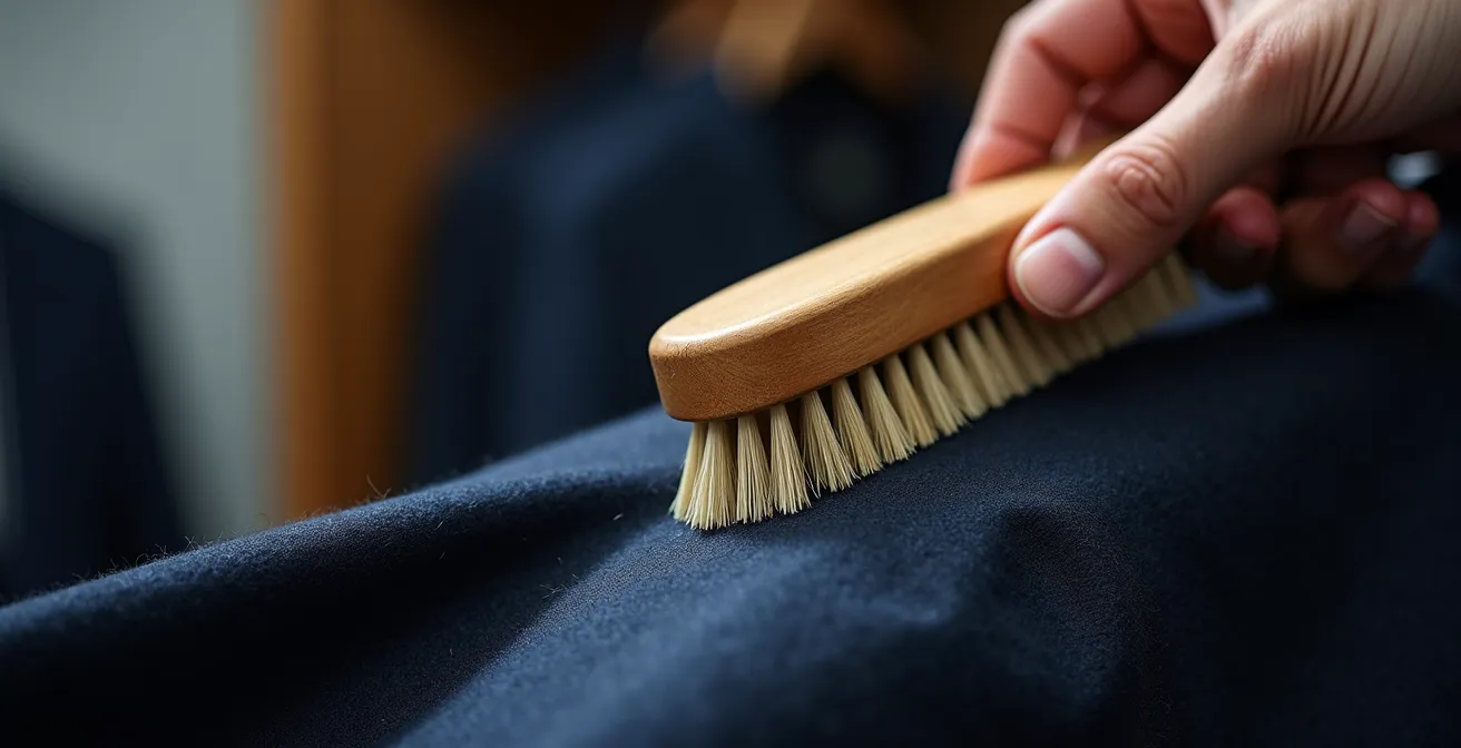 Gros plan sur une main masculine brossant délicatement un costume en laine avec une brosse en crin naturel