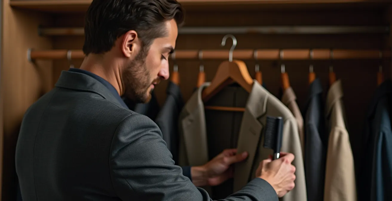 Vue latérale d'un homme brossant délicatement un costume sur cintre dans un dressing organisé