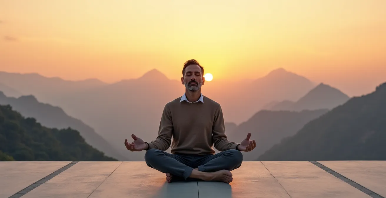Homme détendu méditant devant un paysage montagneux symbolisant les fluctuations boursières