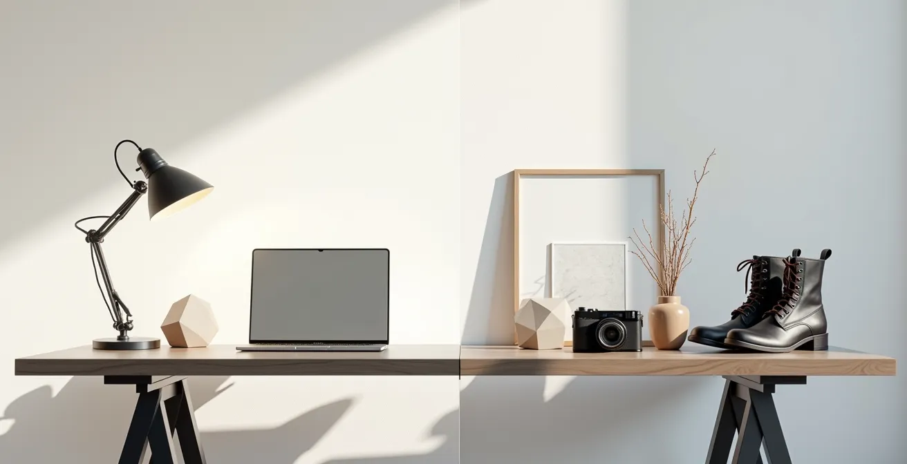 Composition minimaliste montrant la dualité entre espaces professionnel et personnel, symbolisant l'équilibre à trouver dans sa présence en ligne.