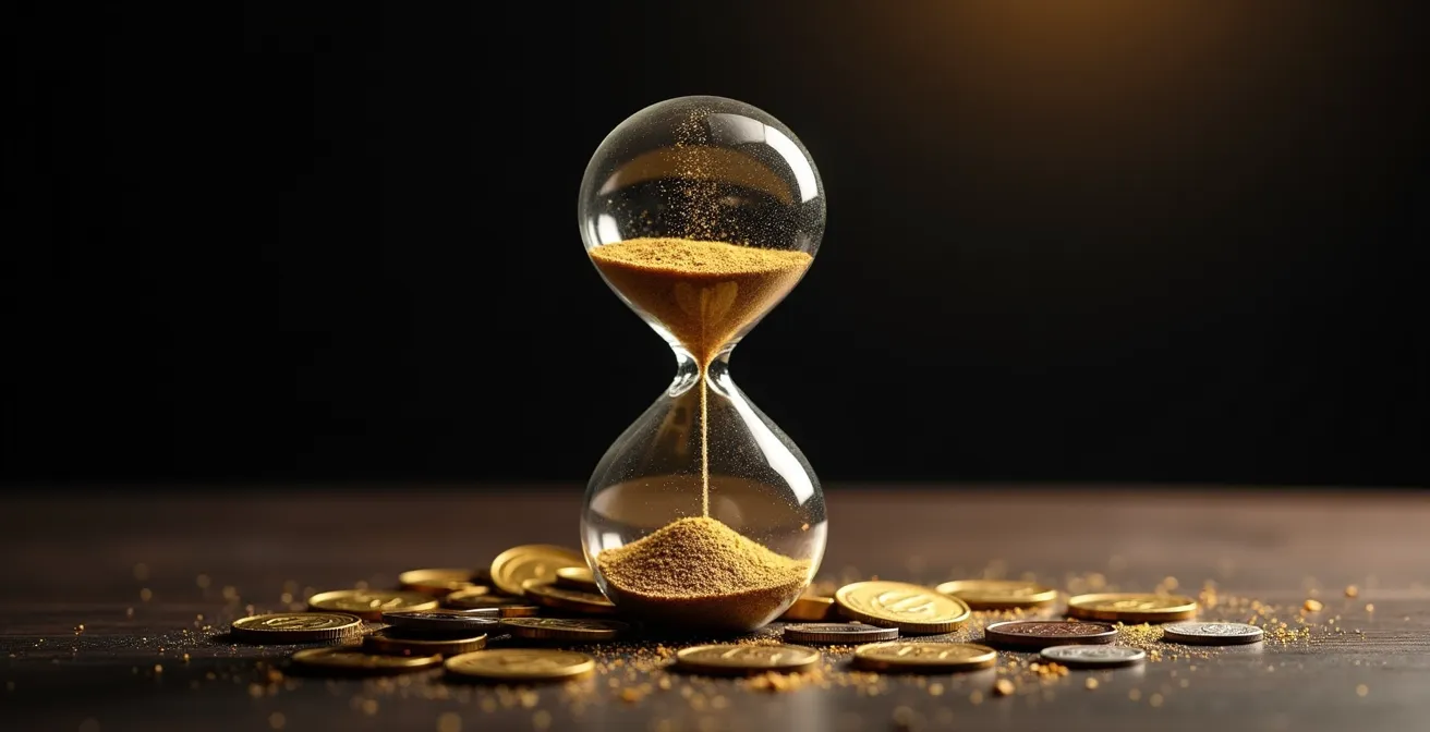 Sablier avec des pièces de monnaie s'écoulant, symbolisant l'érosion du pouvoir d'achat dans le temps