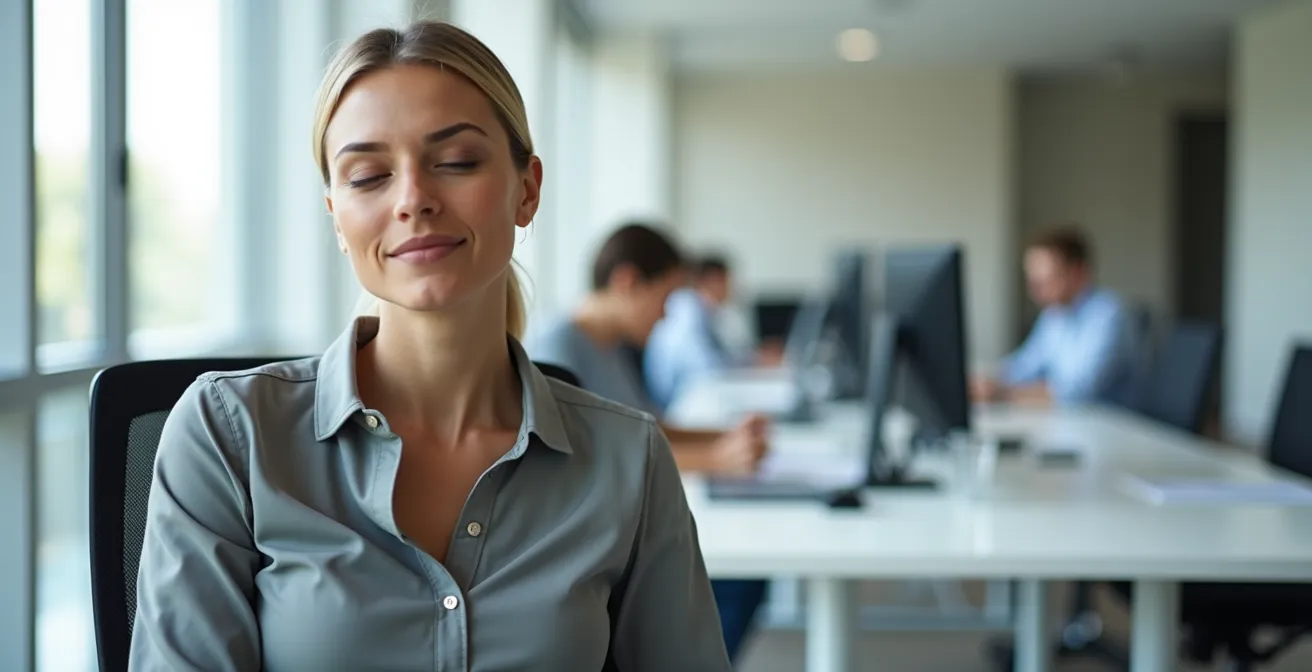 Personne effectuant un exercice de décompression cervicale assise à son bureau dans un environnement de travail moderne