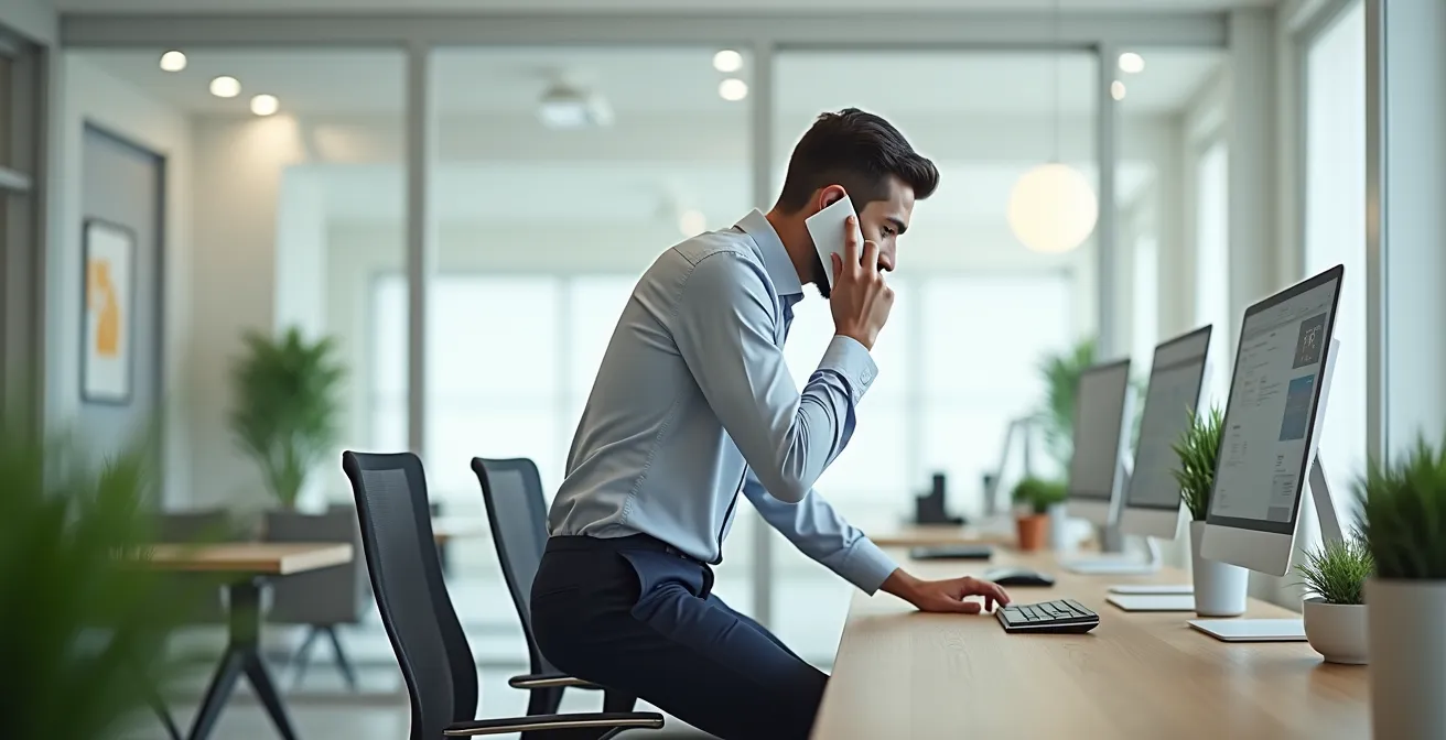 Homme effectuant des exercices d'étirement discrets assis à son bureau