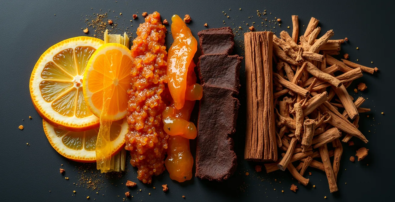 Composition artistique de matières premières de parfumerie disposées selon les saisons