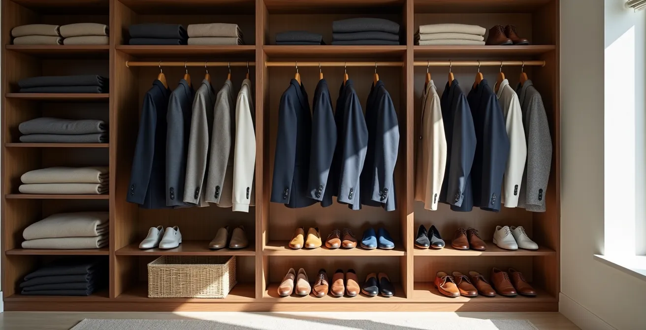 Dressing masculin minimaliste avec vêtements de qualité parfaitement organisés