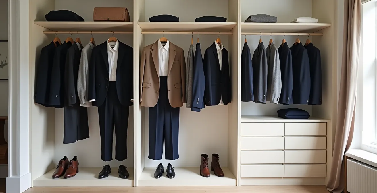 Vue d'ensemble d'un dressing masculin minimaliste parfaitement organisé avec une sélection de 20 pièces essentielles