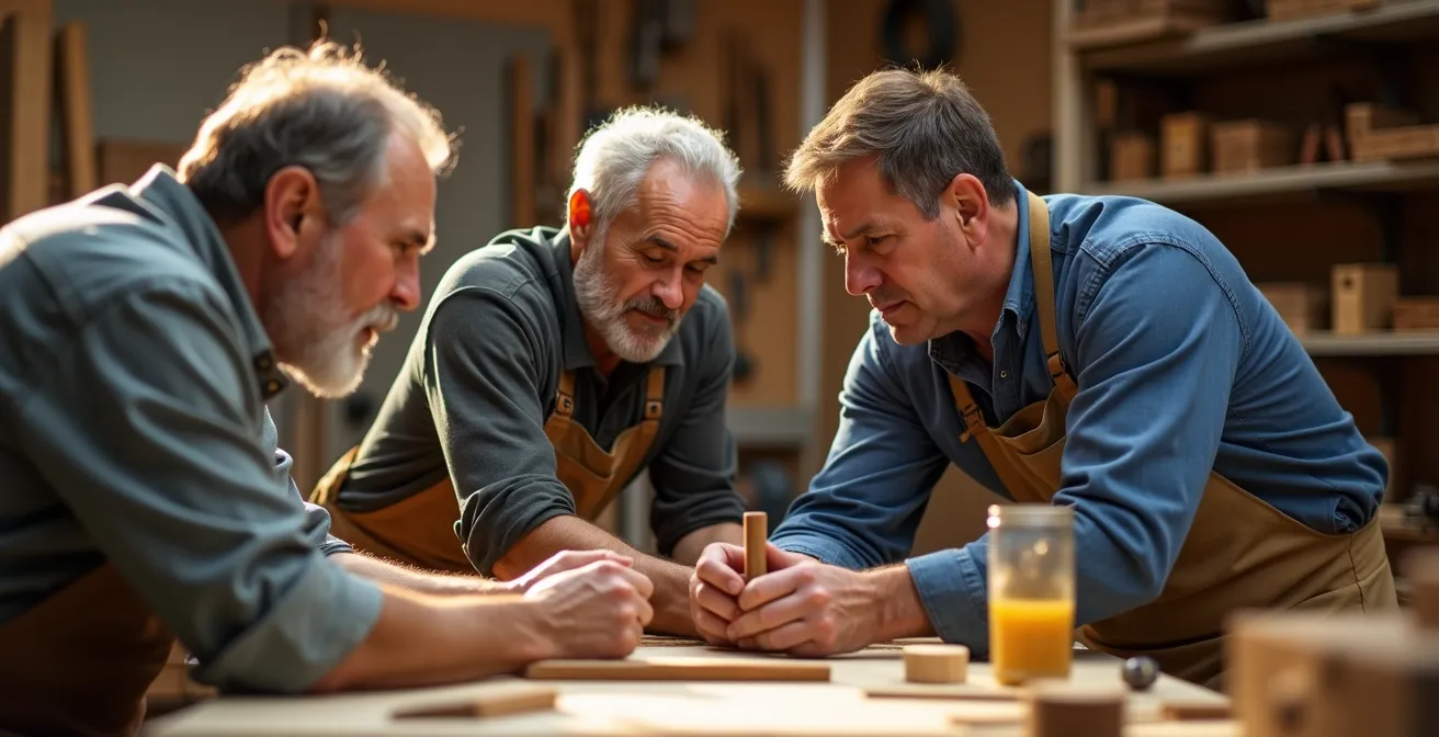 Groupe d'hommes travaillant ensemble dans un atelier de menuiserie communautaire