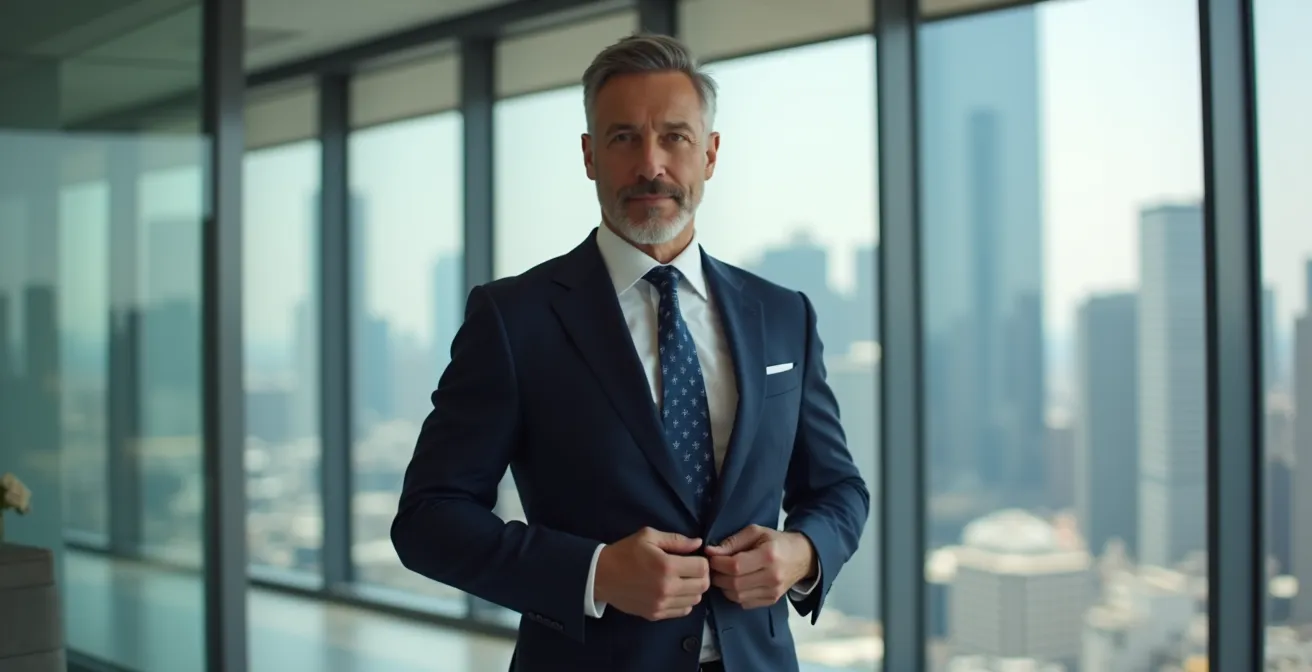 Homme d'affaires boutonnant sa veste de costume dans un environnement professionnel épuré avec vue urbaine