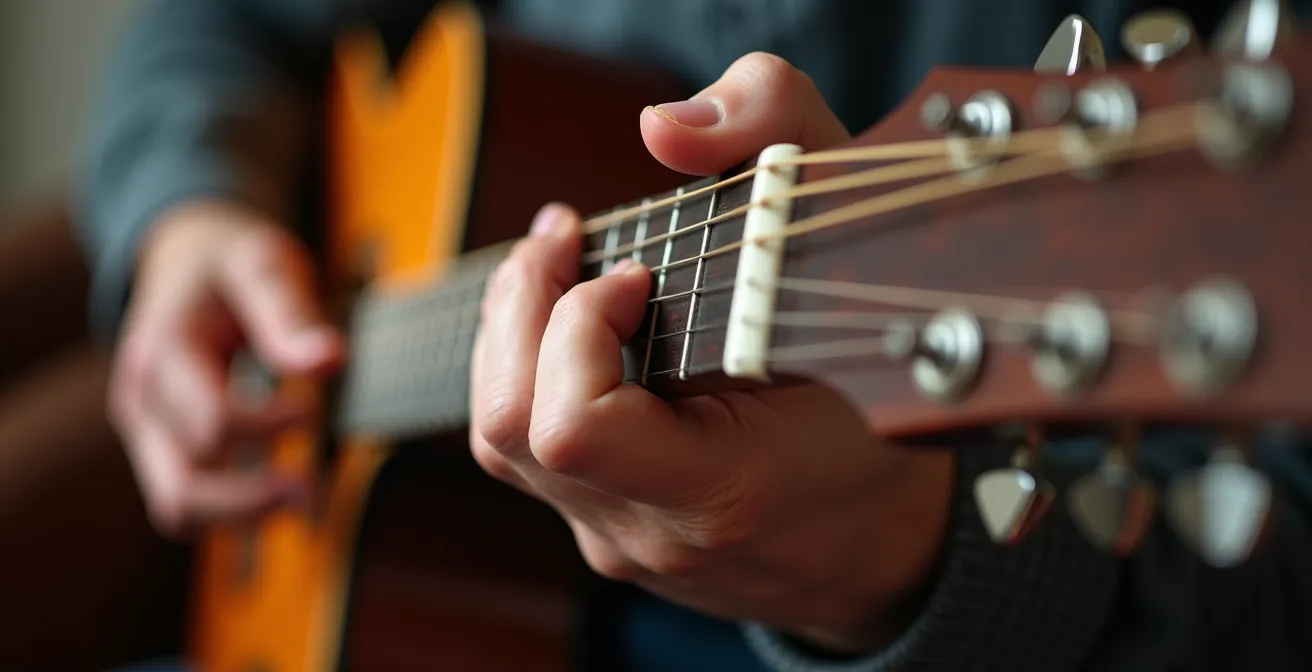 Homme adulte apprenant à jouer de la guitare dans un environnement calme