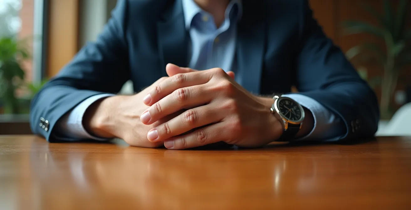 Un homme d'affaires confiant en position de force lors d'une négociation dans un bureau moderne