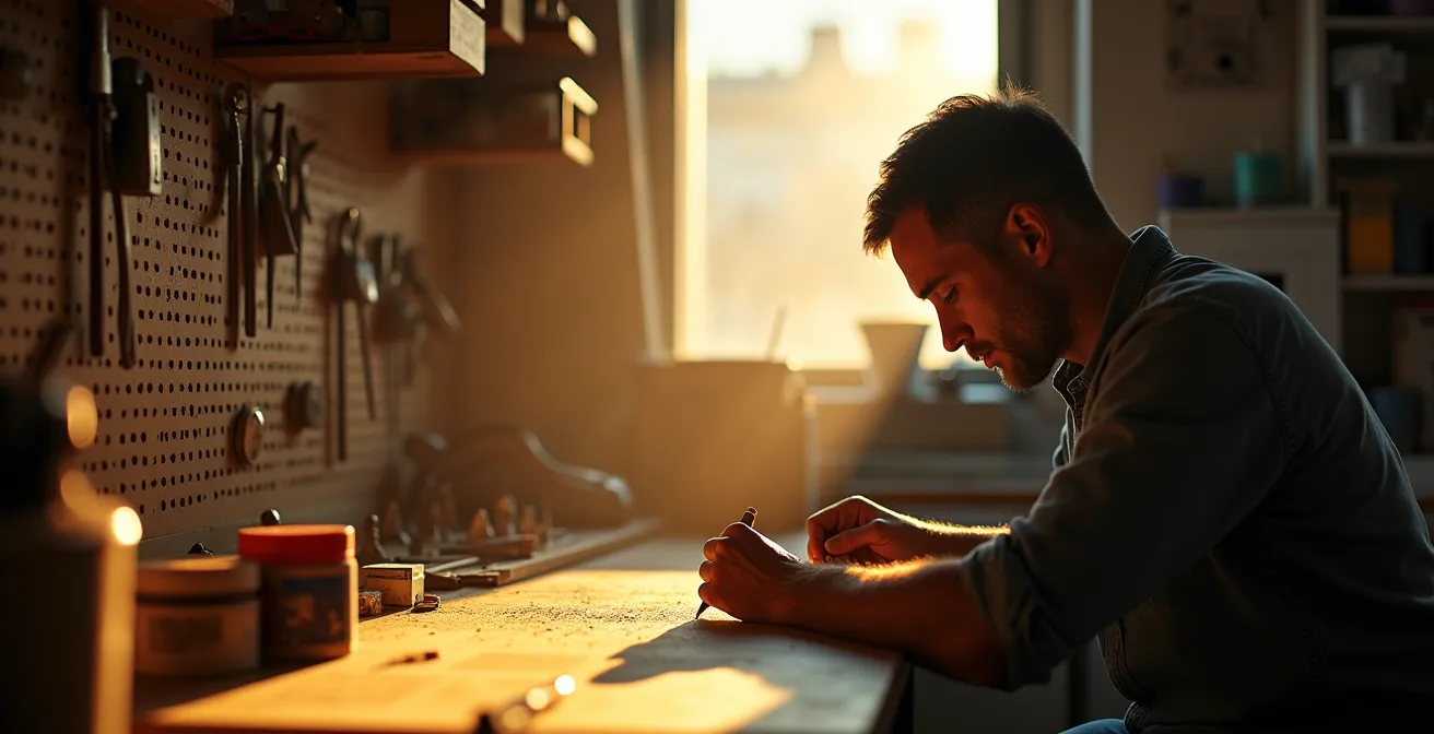 Vue large d'un homme concentré dans son atelier personnel, travaillant minutieusement sur un modèle réduit dans une lumière dorée du soir