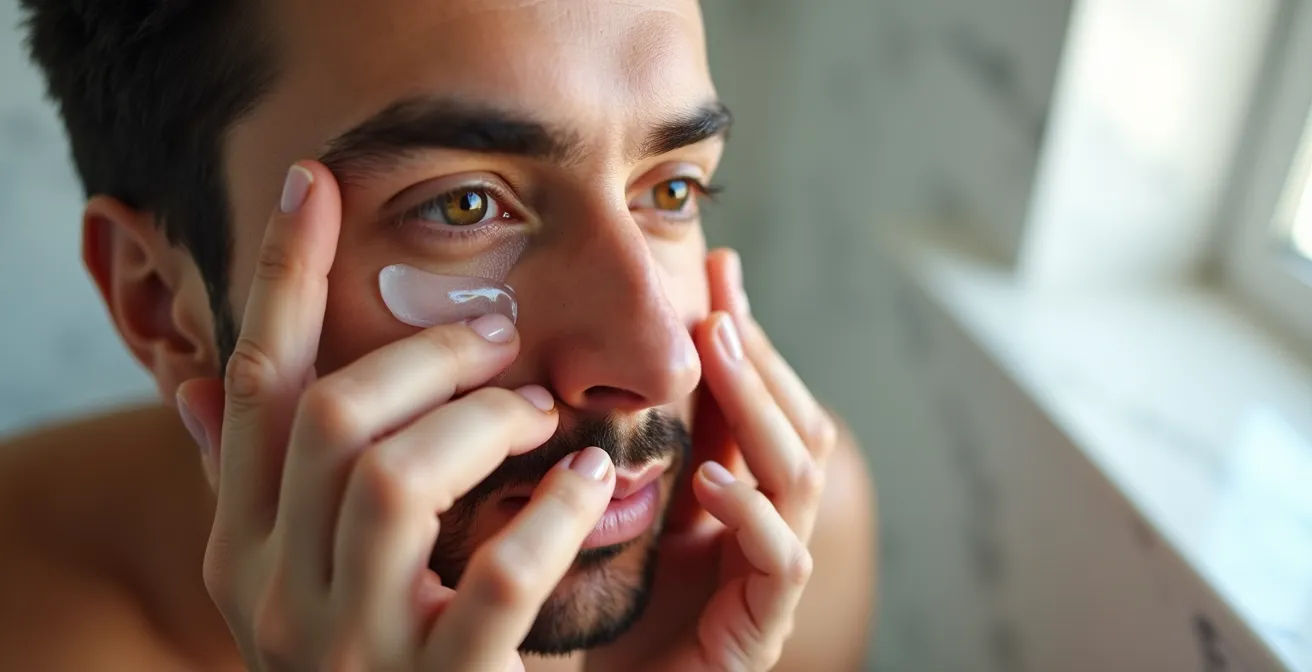 Gros plan sur les mains d'un homme appliquant délicatement un soin contour des yeux dans une salle de bain épurée