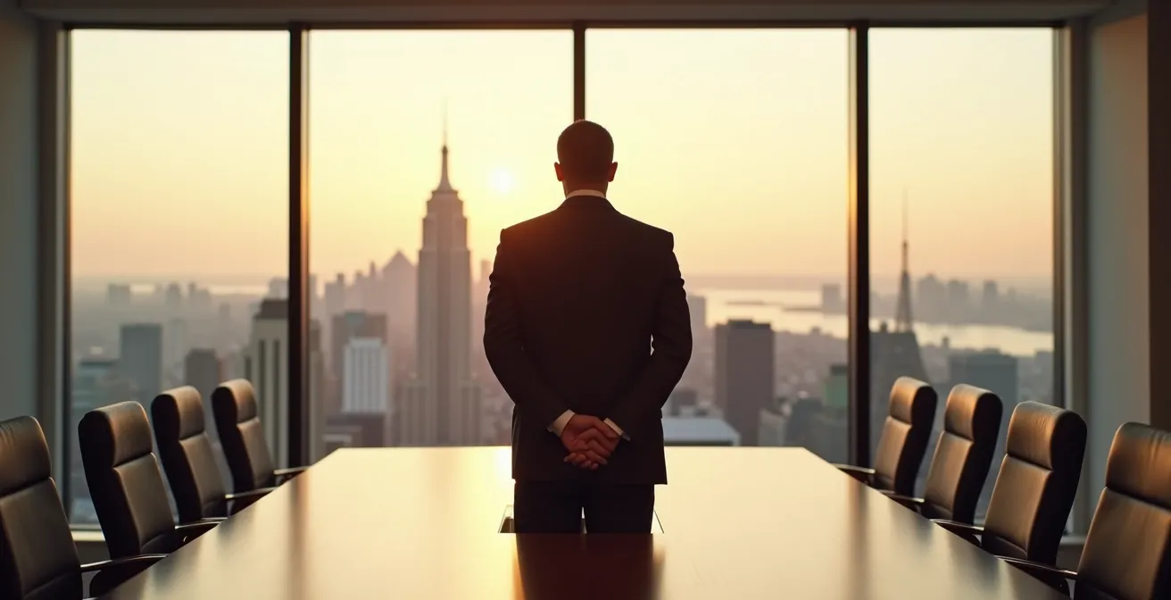 Un homme en veste de costume structurée dans une salle de réunion moderne, posture droite et confiante, illustrant le concept d'enclothed cognition.