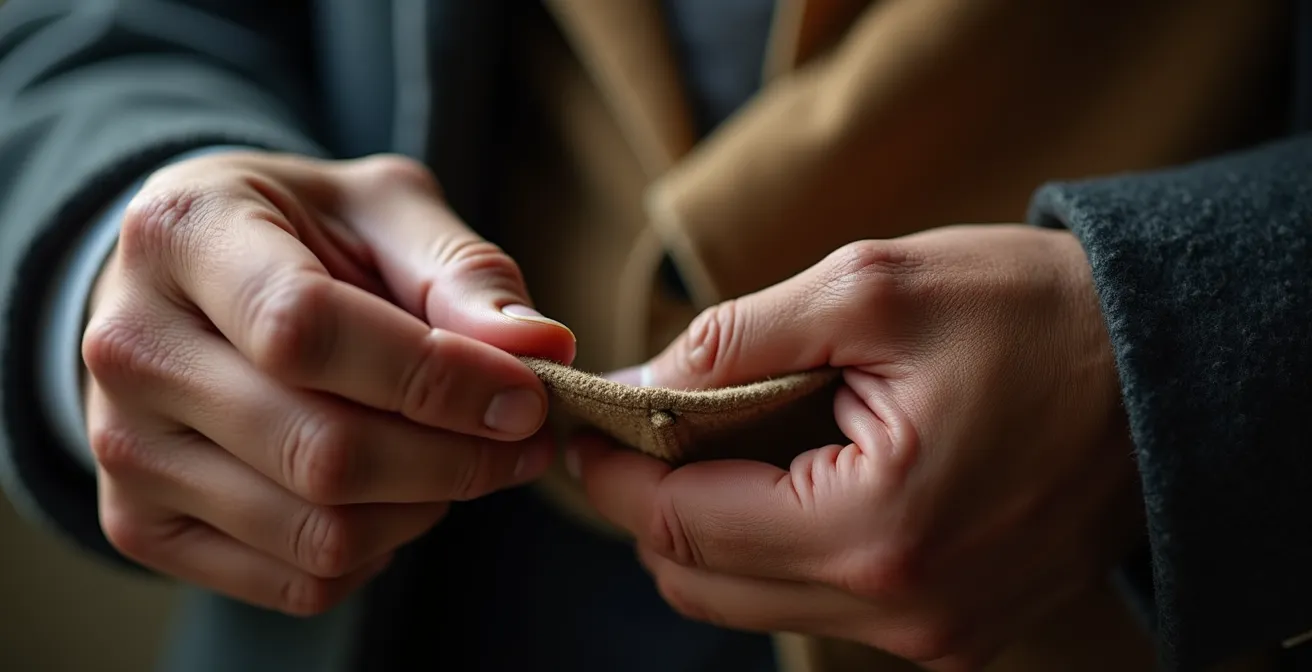 Mains masculines inspectant minutieusement les coutures et la qualité du tissu d'une veste vintage
