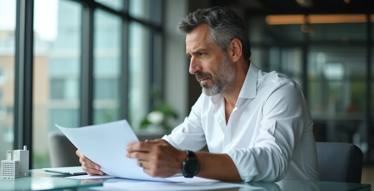 Homme analysant des documents d'investissement immobilier dans un bureau contemporain