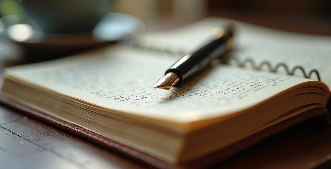 Un carnet de journal de résonance ouvert sur un bureau épuré avec une plume et une tasse de café