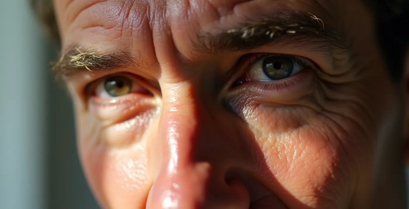 Vue macro de la peau masculine montrant les rides d'expression et la texture cutanée en détail