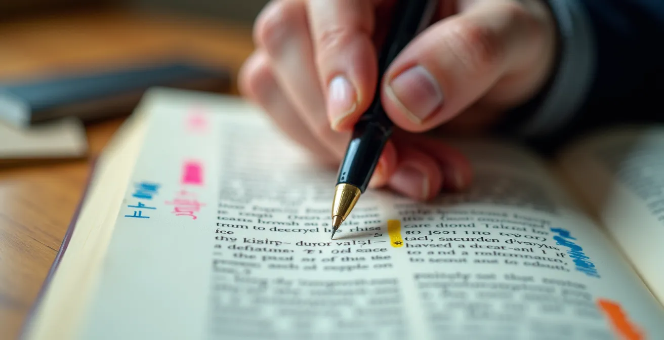 Main masculine annotant un livre avec méthode sur un bureau épuré