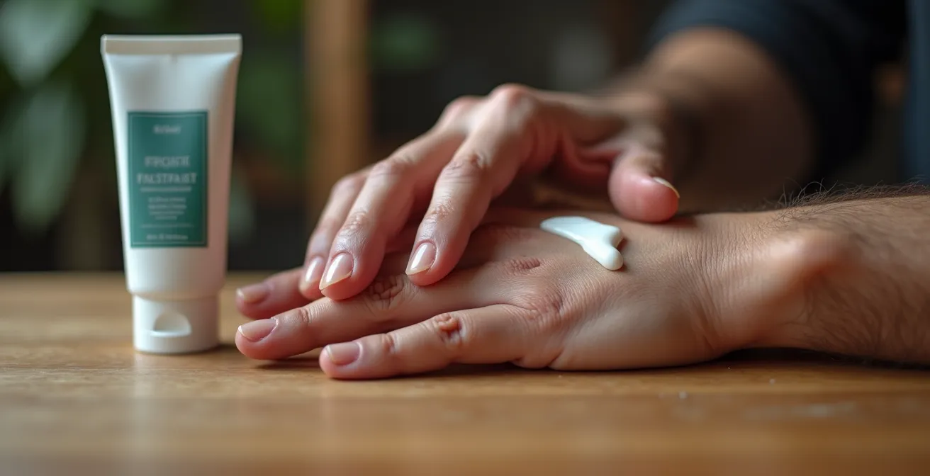 Gros plan sur des mains masculines appliquant une crème hydratante rapide absorption