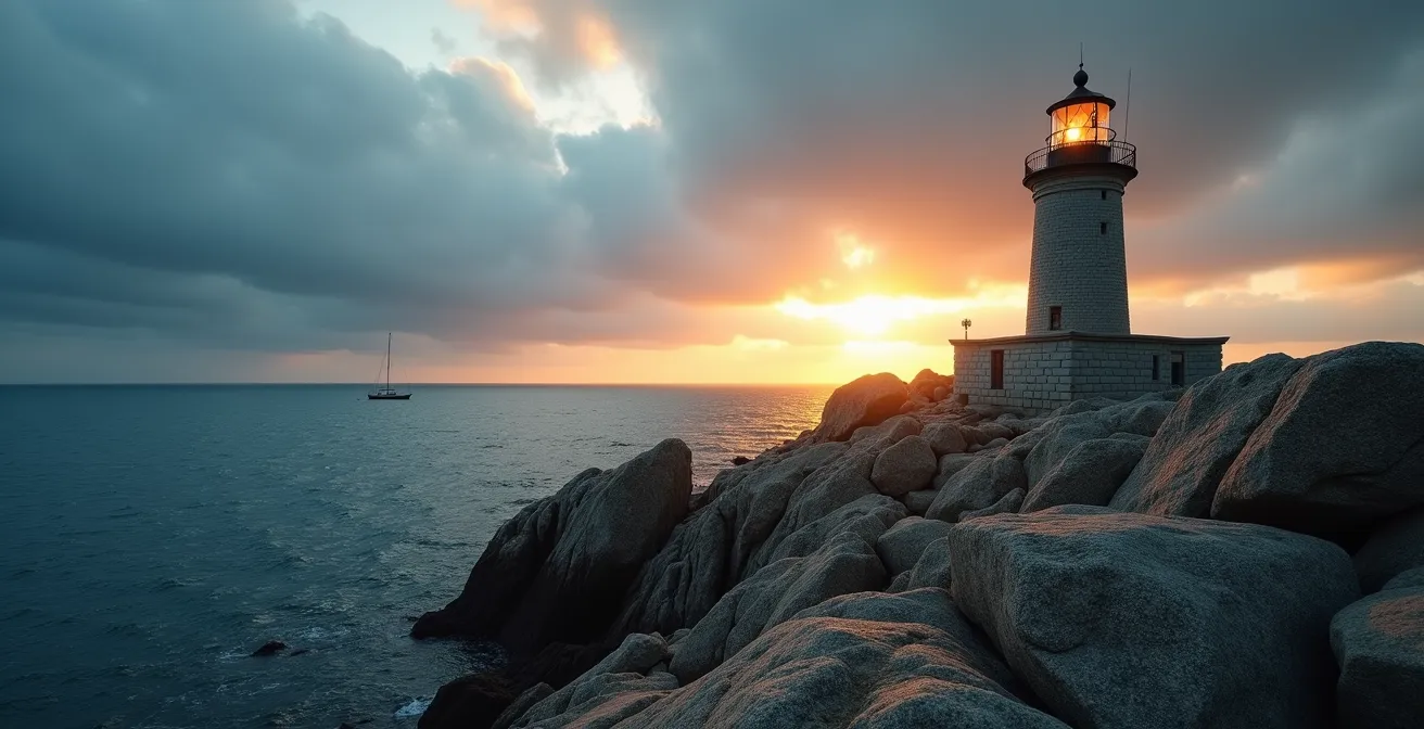 Vue minimaliste d'un phare sur une côte rocheuse au crépuscule, symbolisant la guidance constante du mentor