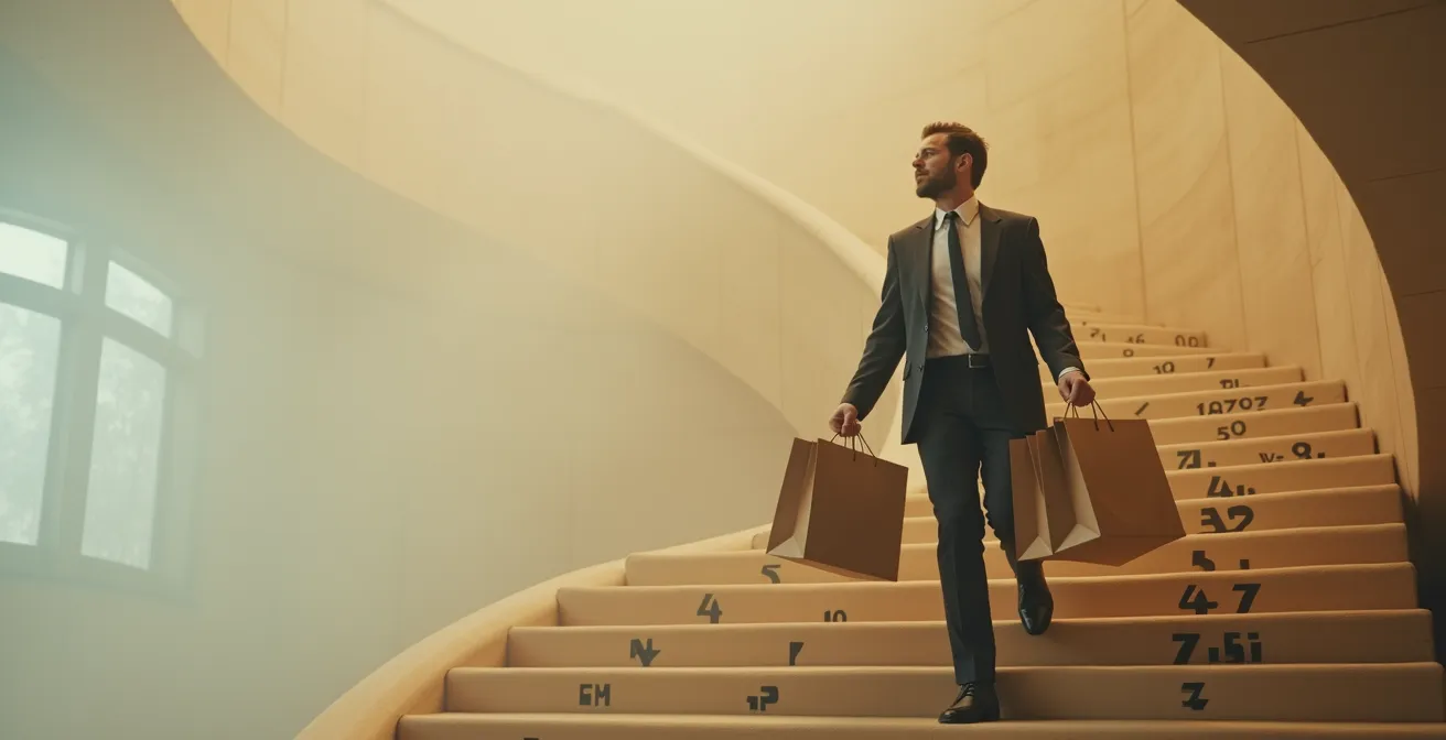 Un homme monte un escalier en spirale qui s'étend à l'infini, symbolisant la course sans fin des dépenses