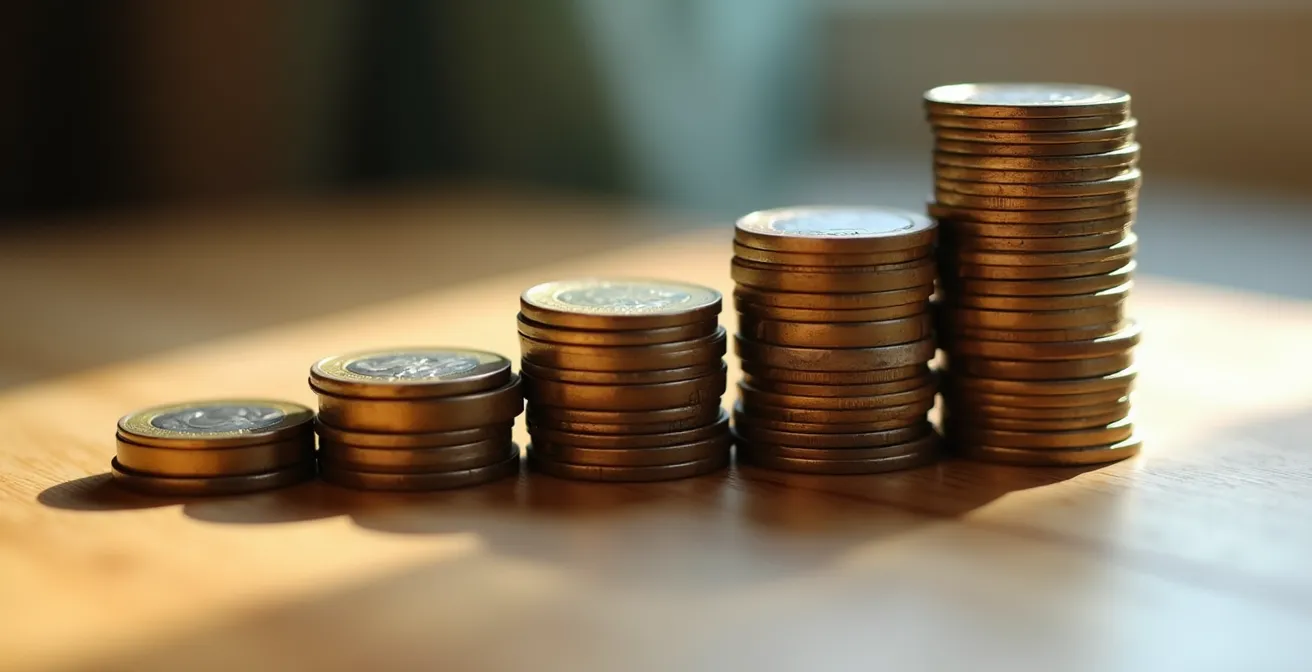 Piles de pièces de monnaie progressivement plus hautes représentant l'épargne croissante