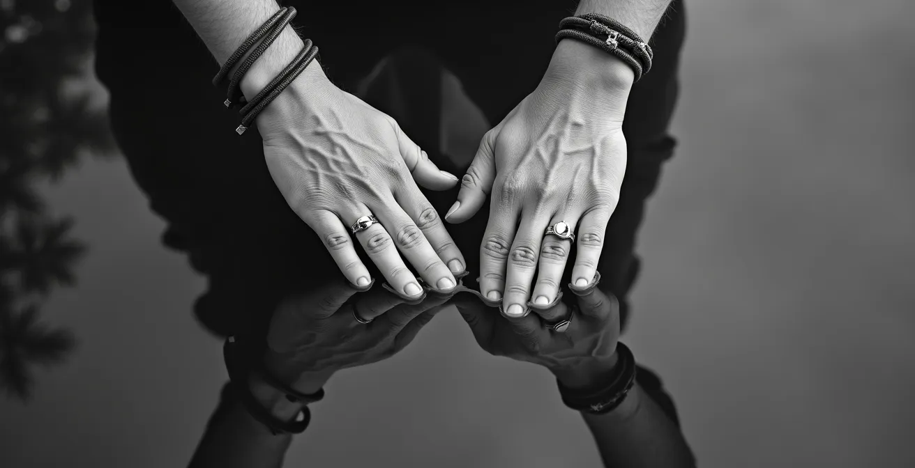 Composition symbolique avec deux mains tendues se reflétant dans une surface d'eau calme