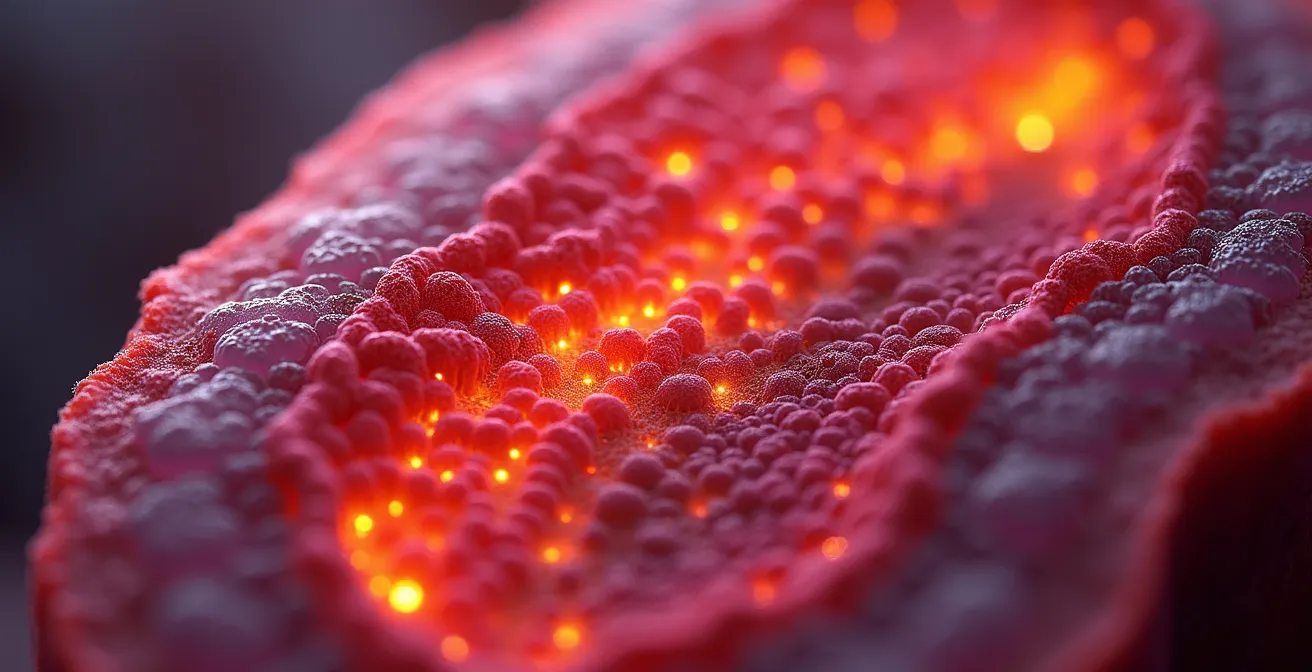 Vue macro d'une fibre musculaire montrant les mitochondries actives pendant l'effort en Zone 2