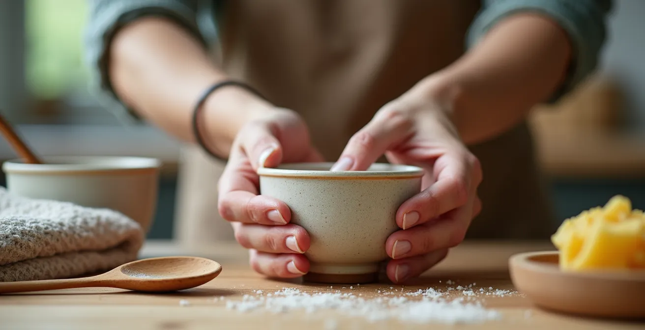 Gros plan sur des mains organisant rapidement des objets du quotidien sur une surface épurée