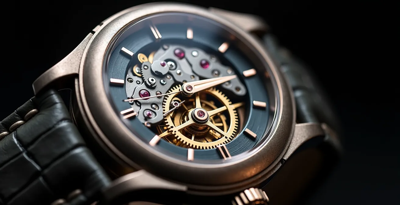 Vue macro du mécanisme d'une montre automatique avec rotor visible