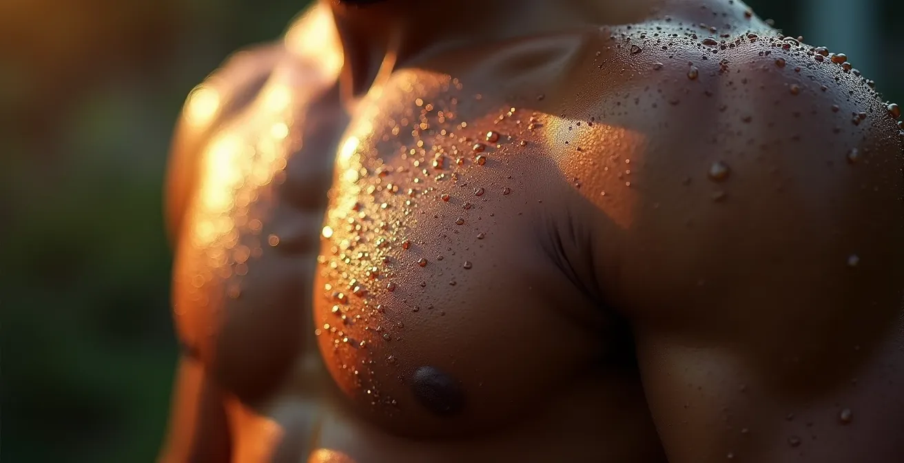 Vue macro d'une surface musculaire définie avec des gouttes d'eau, représentant la précision d'un objectif physique