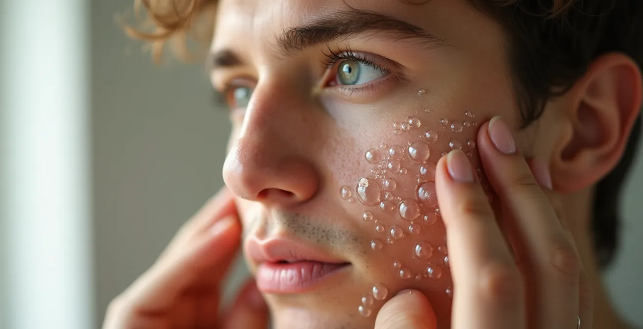 Application séquentielle de produits de soin sur visage masculin