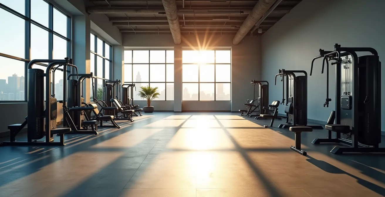 Vue large d'une salle de sport moderne avec équipements variés