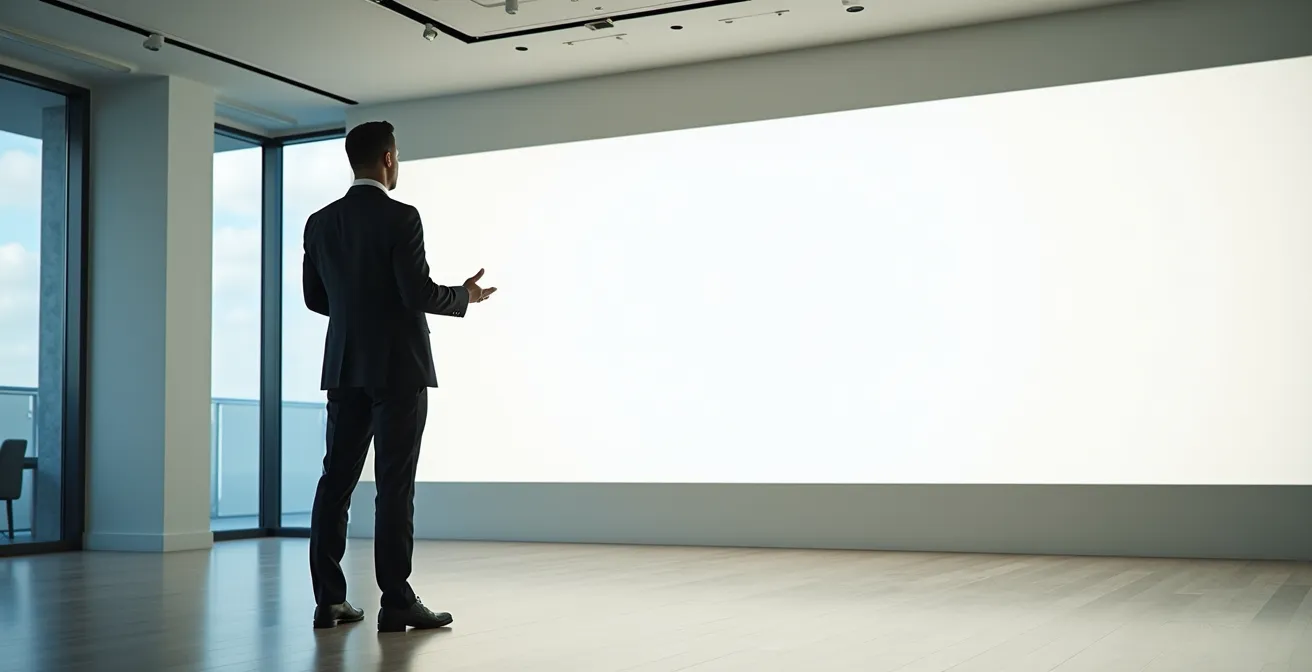 Vue large d'un cadre debout dans un espace de présentation moderne, posture ancrée et ouverte