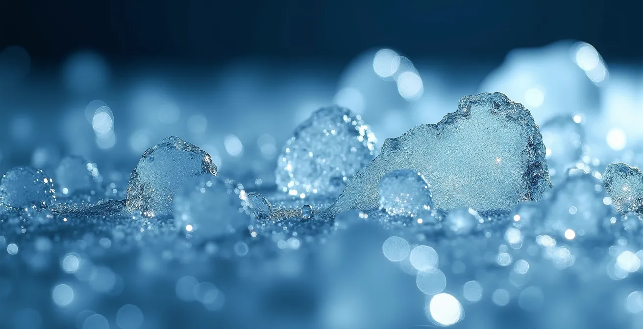 Vue macro de bulles d'air dans l'eau glacée avec texture cristalline
