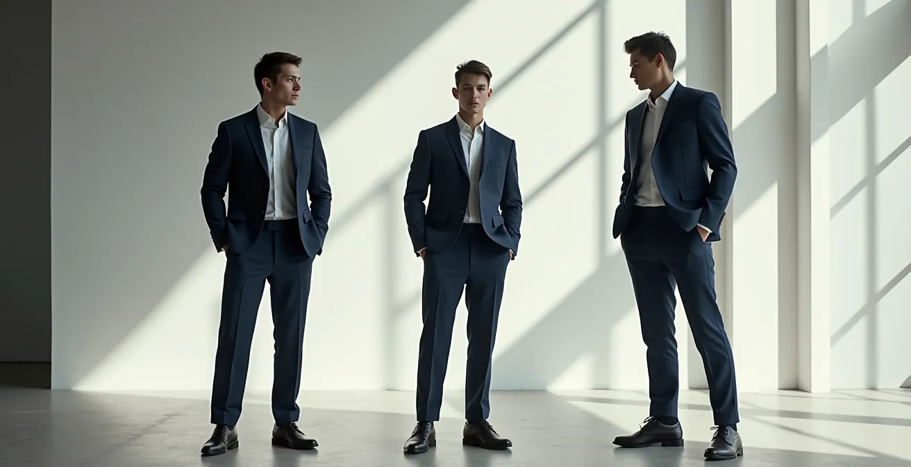 Composition visuelle montrant trois silhouettes masculines avec différents ratios de longueur veste-pantalon