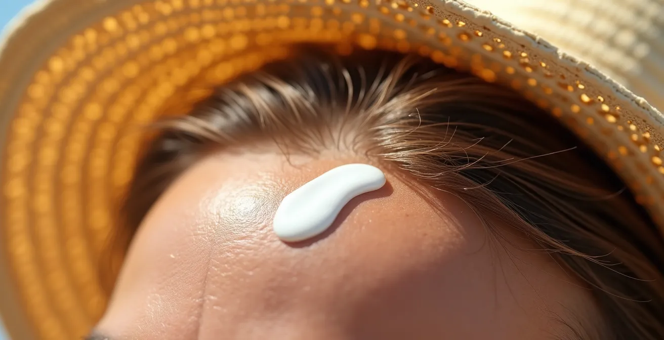 Homme chauve appliquant une protection solaire sur le cuir chevelu avec chapeau UPF à côté