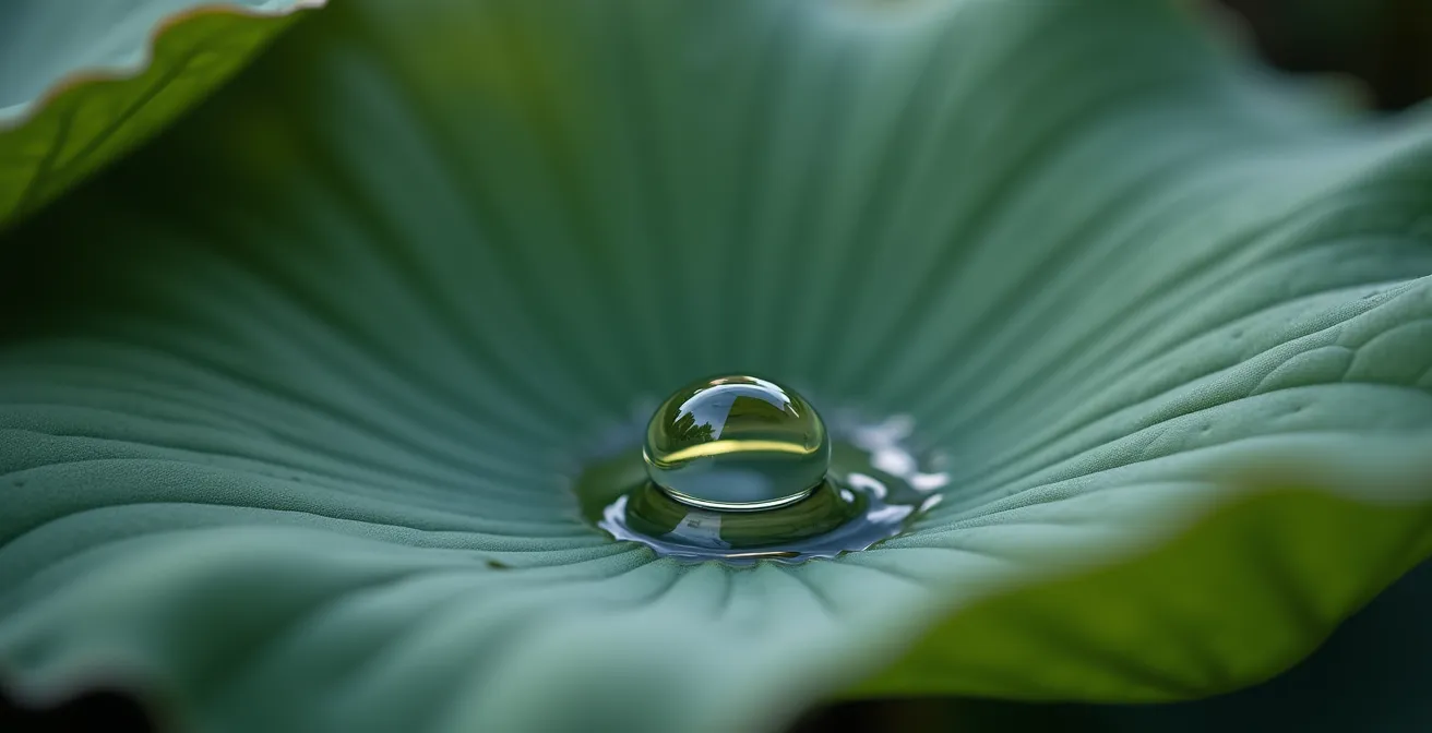 Gros plan macro sur une goutte d'eau glissant sur une surface hydrophobe